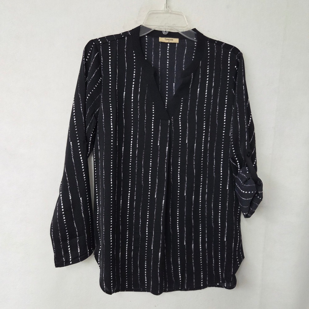 Timeson Womens‎ Medium Black White Dotted Stripe V-Neck Roll Tab Sleeve Blouse